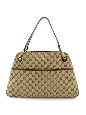 Gucci GG Canvas Shoulder Bag Tote Leather Beige